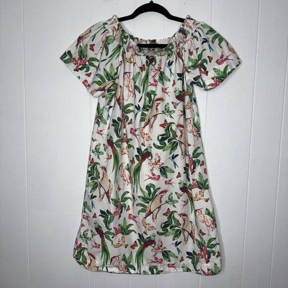 Ann Taylor Factory Women’s Bird Print Shift Dress Off Shoulder Size Medium - Picture 1 of 5